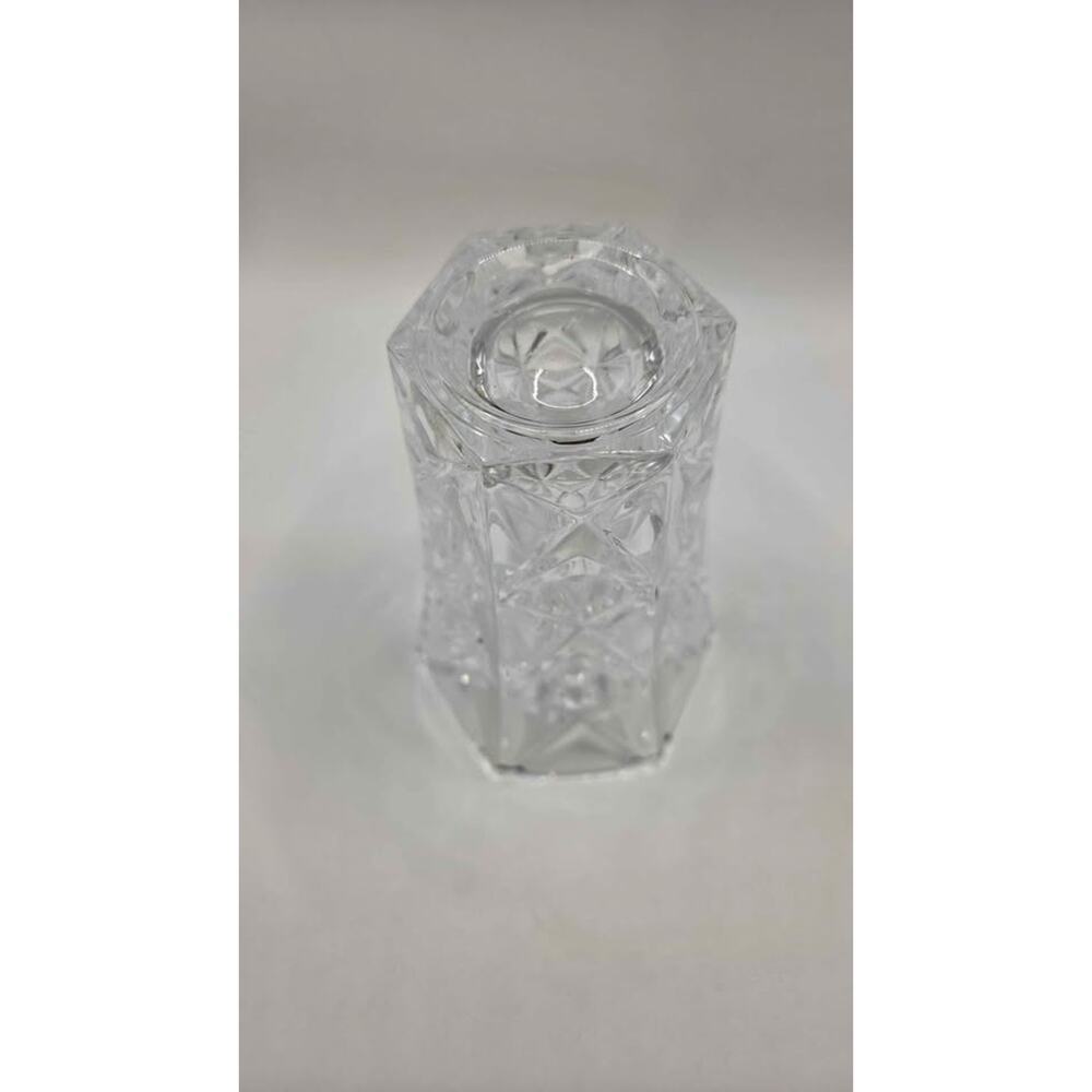 Heavy Clear Cut Lead Crystal Hexagonal Flower Vase 5" Geometric Starburst - Picture 4 of 6